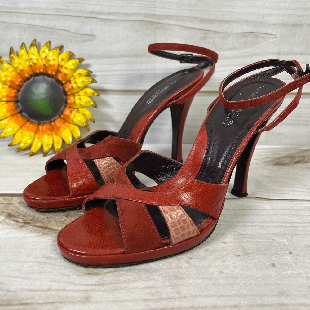 Via Spiga Red Leather Ankle Strap Platform Stiletto Heels Made in Italy Size 8 M
